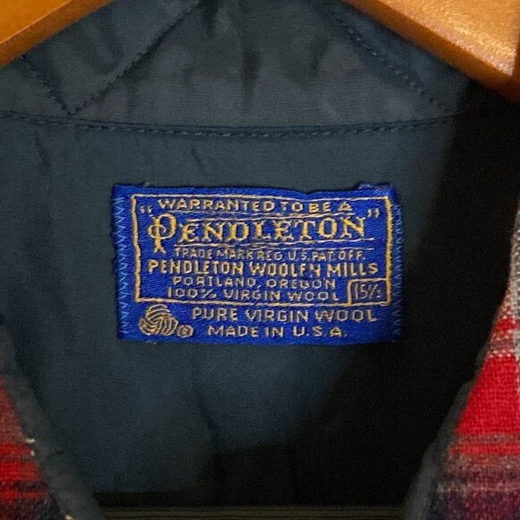 Vintage Pendleton Pure Virgin Wool Red Blue Gray Plaid Flannel Shirt Size 15 1/2 - Picture 6 of 7